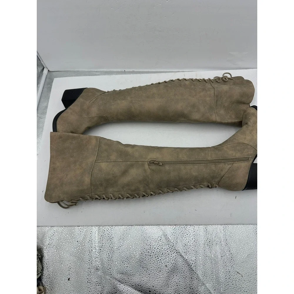 Bamboo Women Taupe Faux Suede Lace Up Back Over The Knee Block Heel Boots Size 7